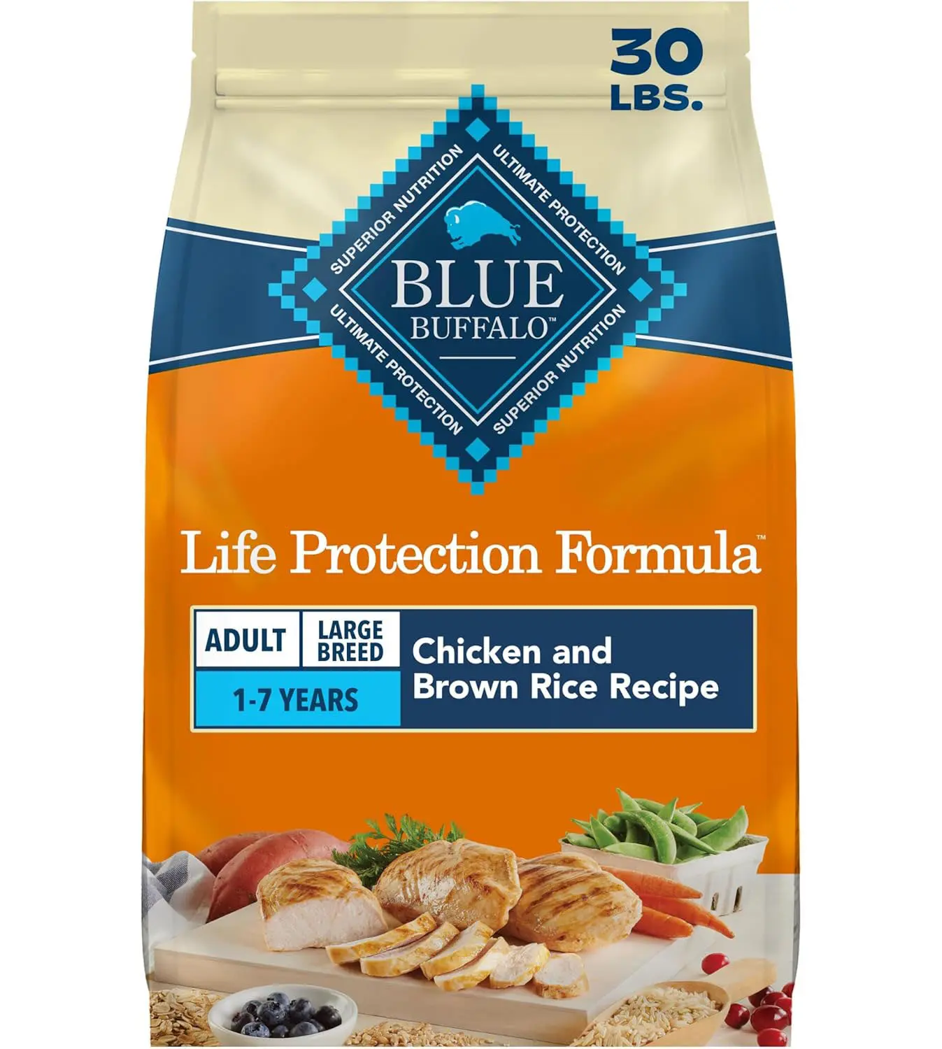 Blue Buffalo Life Protection Formula Chicken & Brown Rice Large Breed Adult Dry Dog Food, Supports Immunity with Antioxidant-Rich LifeSource Bits, Promotes Healthy Muscles, Skin & Coat Health, 30 lbs.