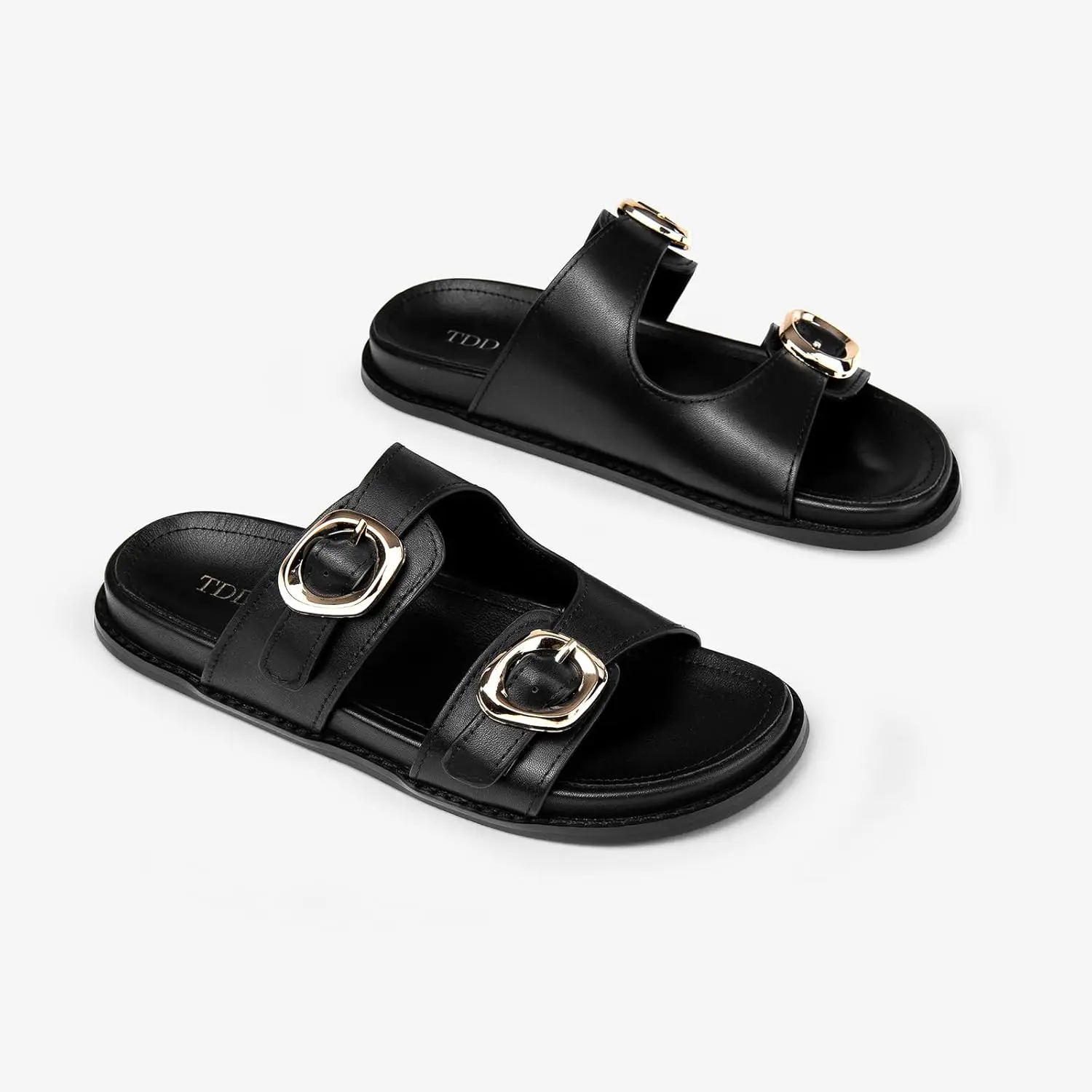 TDD Women's Genuine Black Cowhide Flat Heel Sandals - Open-Toe, Double-Button Ankle, Flat Bottom, Lightweight, Thick-Soled Soft Casual Platform Footwear 006
