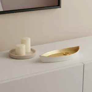 HomeRoots 634798 10 in. Gold & Off White Cast Iron Oval Boat Shaped Tray