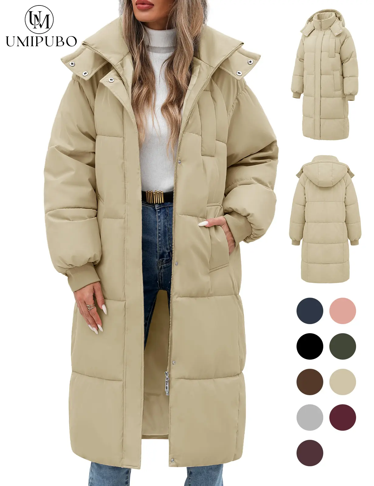 UMIPUBO Lady's Long Quilted Puffer Jacket, Women's Tops, Long Sleeve Casual Winter Thick Warm Hooded Zip-Up Parka Outerwear with Pockets