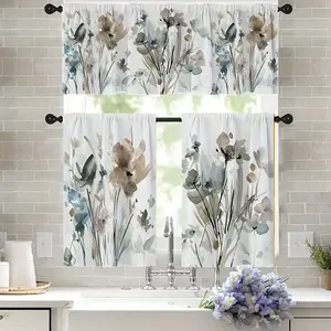 1pc/2pcs Spring Floral Watercolor Abstract Art Print Decor Small Curtains, Country Style Polyester Fiber Rod Pocket Curtain Valance Sets, 52In*18In, 26In*36In Floral Theme Kitchen Cafe Living Room Office Bedroom Home Decor Curtains