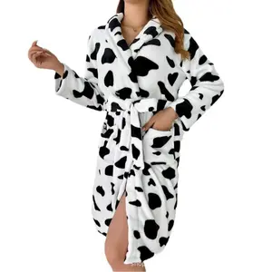 Women's Warm Thickened Flannel Nightgown - Black & White Cow Print Plus Size Autumn Winter Morning Gown