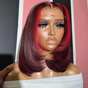 99J With Red Bob Wig 13x4 Lace Front Human Hair Straight Short Bob Wig 180 Density Transparent Lace Human Hair For Women 99J Burgundy With Red Transparent Lace Frontal Human Hair Wigs Pre Plucked Short Bob Wig SpringStatements