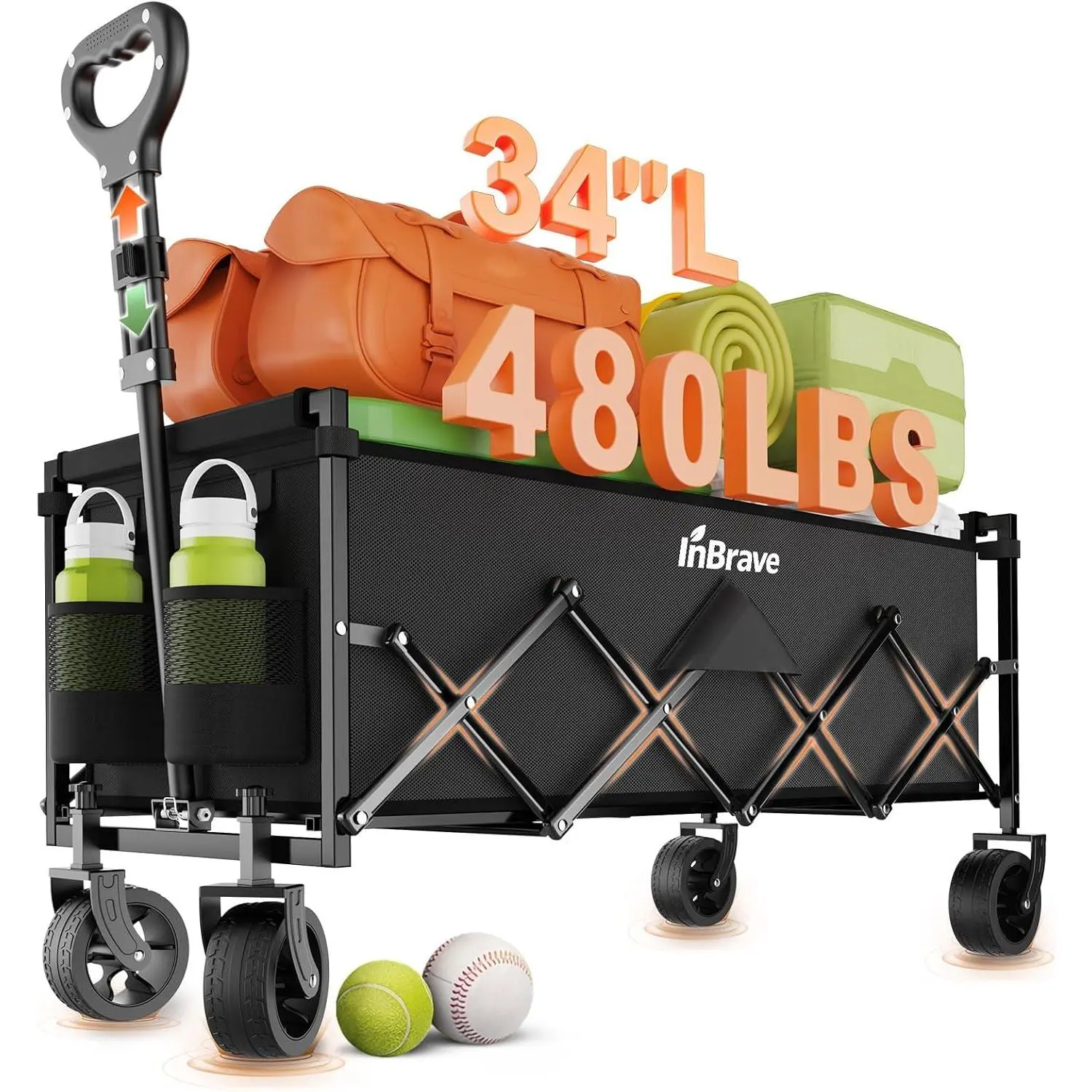Extra Long Collapsible Wagon Cart 480LBS Heavy Duty Utility Wagons with All-Terrain Wheels Foldable Grocery Carts for Gardening Shopping Beach Camping Black