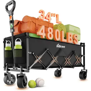 Extra Long Collapsible Wagon Cart 480LBS Heavy Duty Utility Wagons with All-Terrain Wheels Foldable Grocery Carts for Gardening Shopping Beach Camping Black
