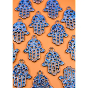 Hamsa: Blue Patina over Copper Hamsa Charm, 26x35mm, 2 pieces / Greek Metal
