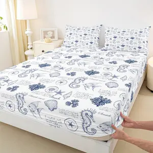 Coastal Fitted Sheet,Seashell Conch Seahorse Starfish Coral Bedding Set,Ocean Beach Nautical Bed Sheet for Kids Teens Adult Room Decor,Navy White Deep Pocket Sheet