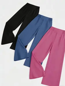 Women's fashion solid color high-waisted elastic waist textured wide-leg cropped pants three-piece set, suitable for summer, ideal for daily commuting, casual shopping, summer outings, and cafe visits