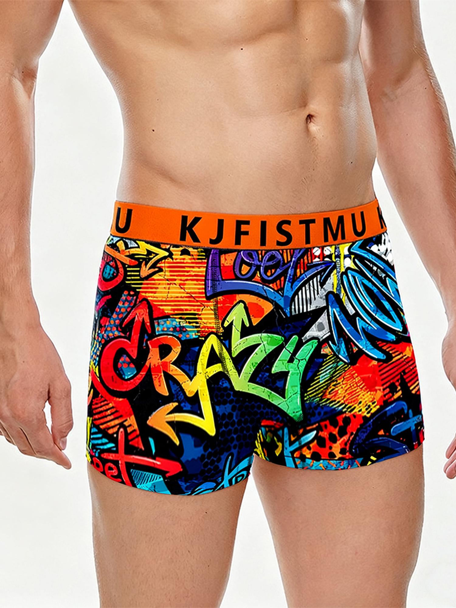 KJFISTMU 12-piece Set of Colorful Belts Men's Boxer Briefs - Unique design, randomly printed long boxer briefs for men (breathable polyester blend, soft and comfortable, machine washable, suitable for teenagers and adults) Men's Stretch Low-Rise Underwear