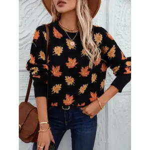 Women's Maple Leaf Jacquard Pullover Sweater, Casual Fitted Knitwear, Round Neck Long Sleeve, Perfect for Outdoor Activities
