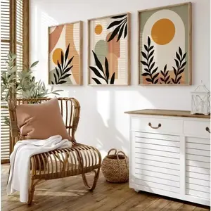 Boho Abstract Wall Art Set, Nordic Modern Oil Painting, Leaf Color Block Bedroom Decor, Unframed Posters