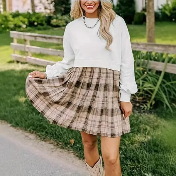 New women's plaid fashion casual sweatshirt with plaid patchwork dress Plaid Round Neck Long Sleeve Mini Dress