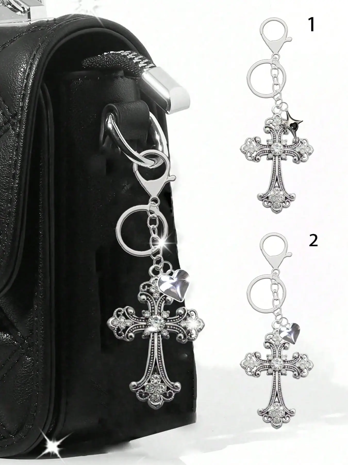Luxury Cross Pendant Keychain with Heart Charm, Bow Tie, Sparkling Zirconia, Y2K Style, Pentagram Opening Buckle, Religious Symbol, Keychain Jewelry