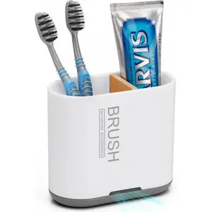 Toothbrush Holder with Bamboo Partition Detachable Design for Easy Cleaning 2 Slots Toothpaste Razor Organizer for Bathroom Countertops Anti-Rust Premium Material White
