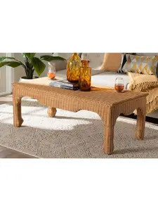 212 MAIN Ming-Inspired Natural Rattan Wood Rectangular Coffee Table - Light Honey, Flared Edges, Pre-Assembled, Handmade Outdoor Patio Furniture Table, Wood Rectangular Table