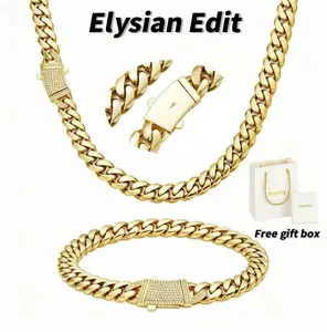 【Elegant Gift Box】14K Gold Plated Miami  Link Bracelet/necklace Thicker Stainless Steel, Hypoallergenic & Non-Fading | With Iced Out Diamond Safety Clasp, Hip Hop Style Accessory  men's jewelry cuban chain
