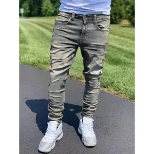1pc Men's Grey Elastic Skinny Fit Distressed Versatile Jeans, Outdoor Comfortable Casual Cargo Slim Fit Jeans, Suitable As Gift For Husband/Boyfriend, Daily Wear