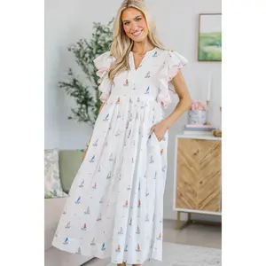 NURSING COLLECTION: Closer Than Ever White Sailboat Midi Dress