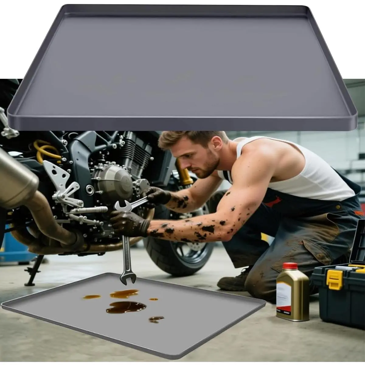 Motorcycle Mat Motorcycle Oil Spill Mat Oil Drip Pan Under Car, Garage Floor Mats Soft Silicone Bike Mats with Raised Edge, Liquid Drain Pan Motorbike Tray, Liquid Catch Parking Pad For Leaks Non-Slip