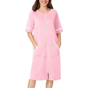 Women Zipper Robe Short Sleeve Duster Housecoat Short Bathrobes Zip Front Nightgown with Pockets S-3XL