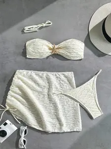 Women's Sleeveless Bandeau Ruched Bikini Set, Plain Fitted Design, Natural Waist Line, Summer Swimwear, Sexy Beach Wear