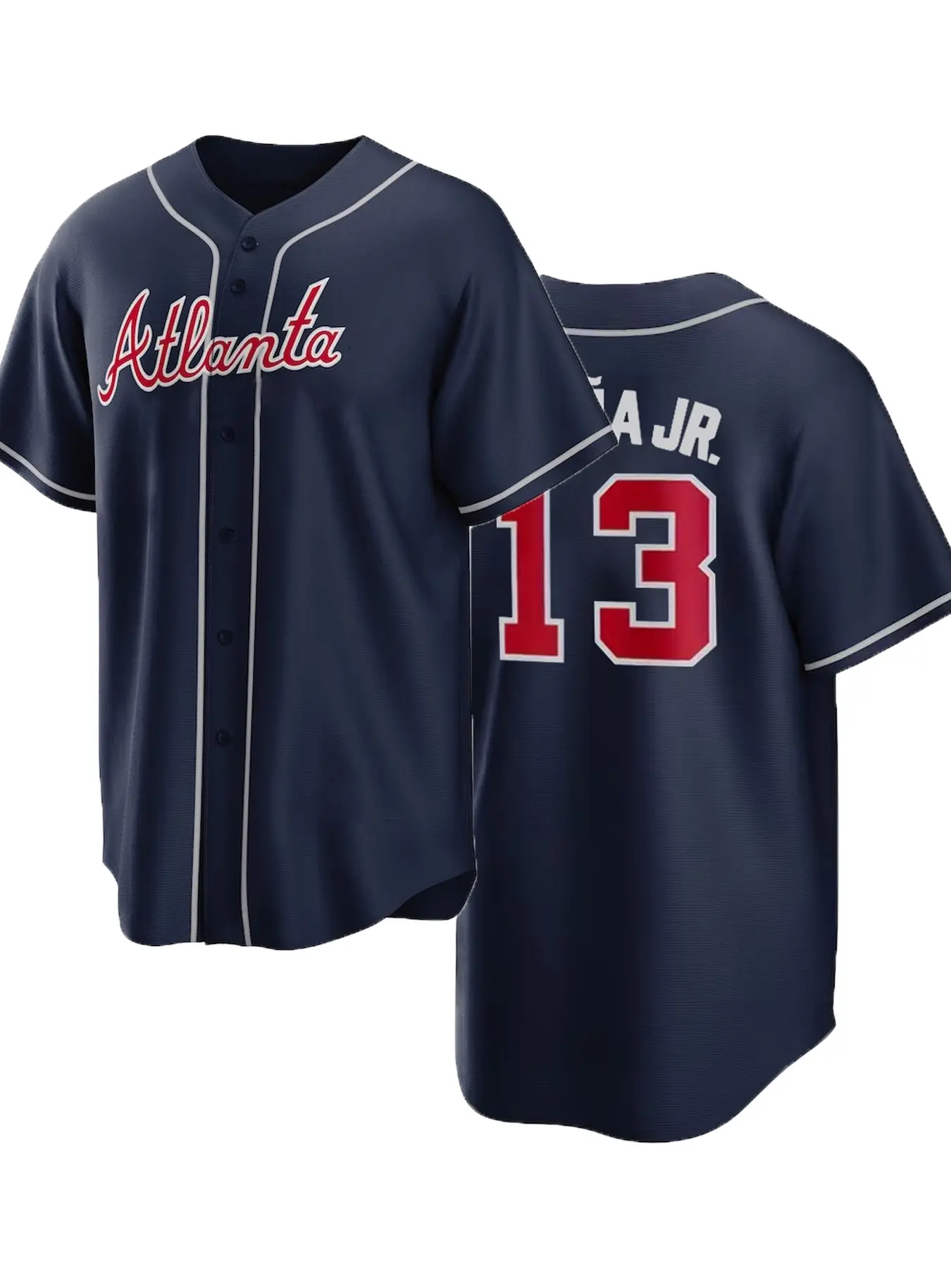 Men's Atlanta Stitched Baseball Jersey Loose-Fit Breathable Short Sleeve Baseball Shirt, Sporty Style, All-Season Wear, Deep Blue Letter & Number Embroidery Design, Sports Style Embroidered Jersey