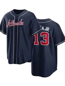 Men's Atlanta Stitched Baseball Jersey Loose-Fit Breathable Short Sleeve Baseball Shirt, Sporty Style, All-Season Wear, Deep Blue Letter & Number Embroidery Design