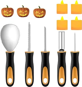 Halloween Pumpkin Carving Kit, 5 Pieces Heavy Duty Professional Stainless Steel Carving Tools Set for Halloween Decorations, Included 4 LED Candles