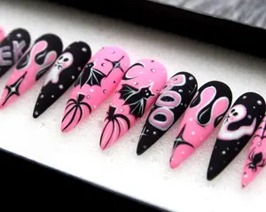 Midnight Magic Fake Nails | Black Pink Halloween Special Press On Nails Stiletto | Hand-made Glue On Nails | Luxury Fake Nails