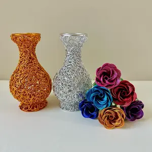 Aluminum Wire Sculpture of Six Flowers and a Vase - Unique Garden and Home Decor - Cemetery Memorials for Loved Ones