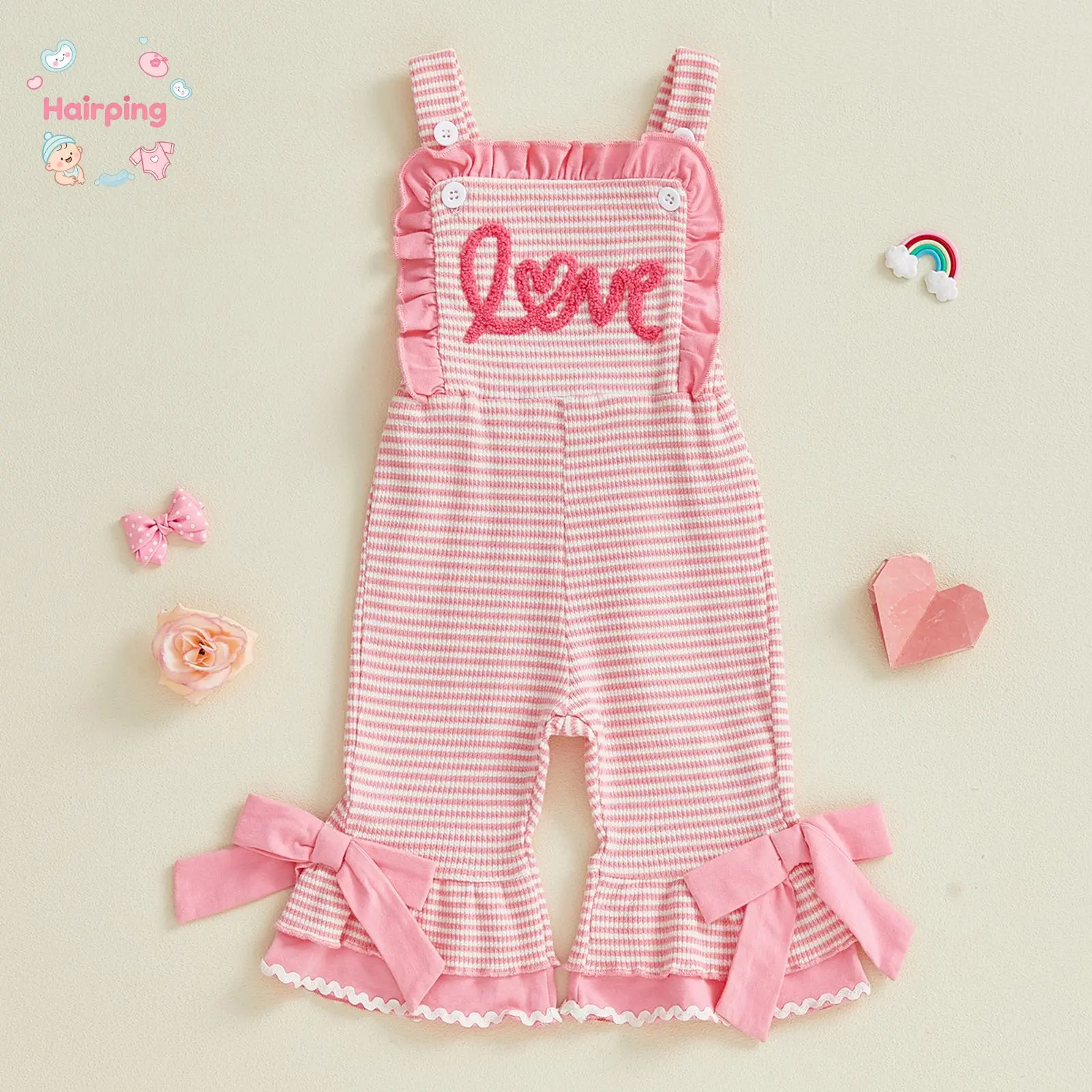 Toddler Baby Girls Valentines Jumpsuits, Cute Letters Embroidery Sleeveless Striped Bell Bottom Overalls, Squishy Toddler Outfits, Personalized Design with Soft Texture