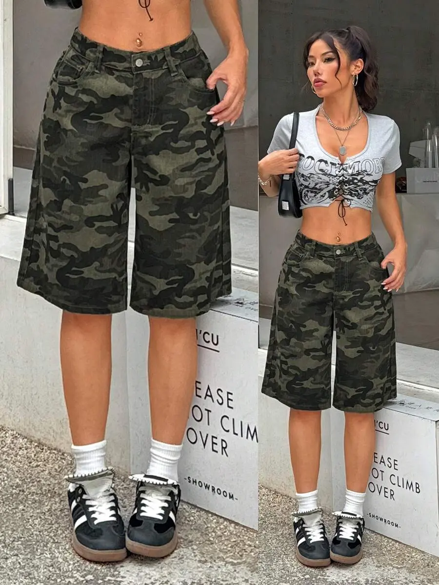 KOOZ Women's Camouflage Denim Shorts Low Rise Knee Length Pants Bermuda Shorts Summer Y2K Casual Street Wear ,Petite Women
