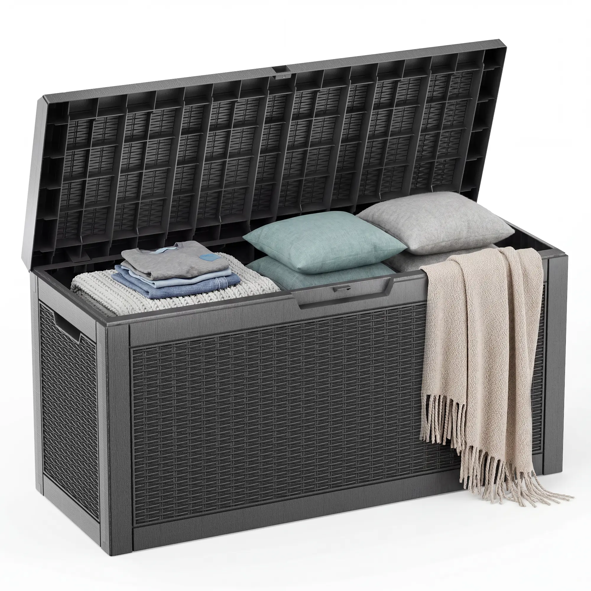 70 Gal Rectangular Resin Deck Box - Lockable Waterproof Outdoor Storage Bench, Padlock Ready, Rattan Texture Patio Furniture, No Tool Assembly, Side Handles for Tools, Balcony Garden Gear, Easy Moving