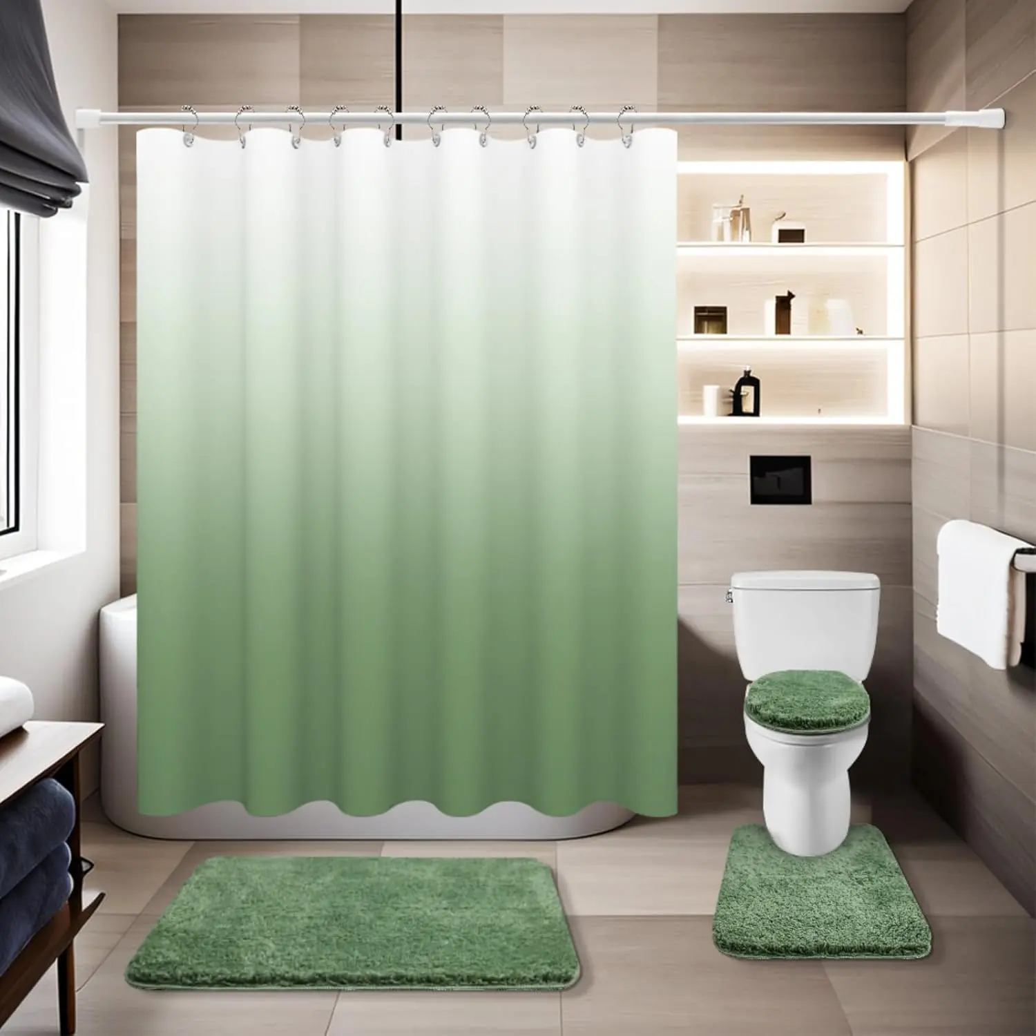 4 Pcs Sage Green Shower Curtain Sets with Rugs Solid Bathroom Sets with Shower Curtain and Rugs and Adjustable Toilet Lid Cover for Luxury Bathroom Decor