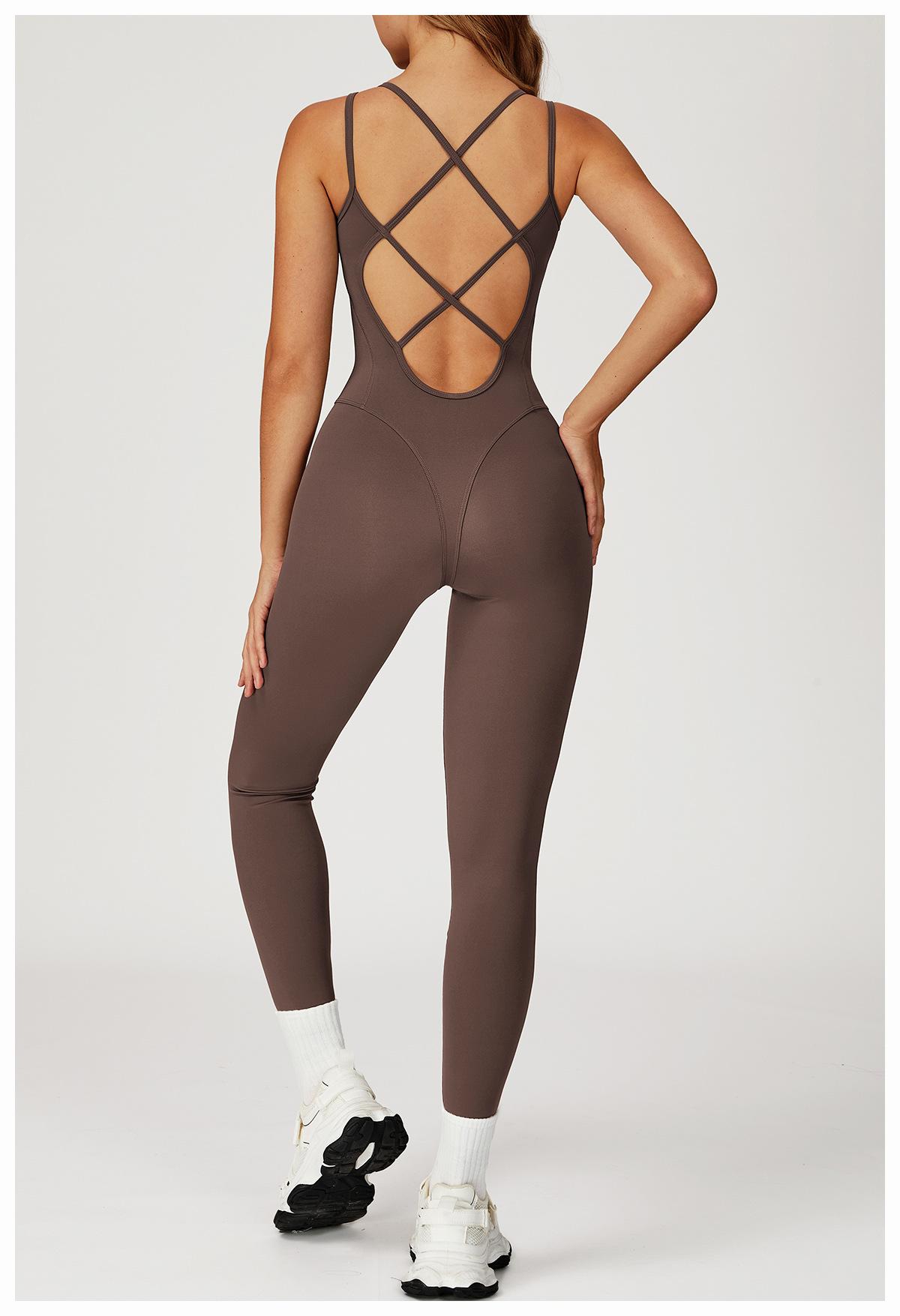 Nude-feel one-piece bodysuit with cross-back design, slim-fit yoga wear for outdoor running and fitness activities