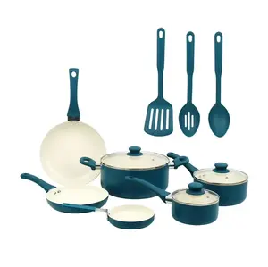 12 Piece Ceramic Nonstick Aluminum Pots and Pans Cookware Set, Blue