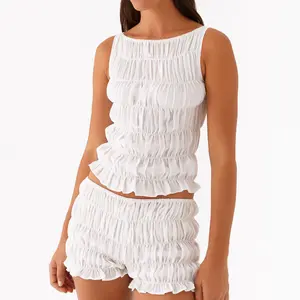 Ruffled Smocked Tank & Shorts Set | 2-Piece Vacation Outfit, 100% Polyester