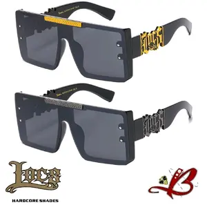 Locs BullDozer Large Oversized Flat-Top Shield Style Big Cutout Logo Chrome Black or Gold Accent Black Glossy Hardcore Shades Hip Hop Rapper Sunglasses OG Gangsta Look | Authentic Original Genuine Locs