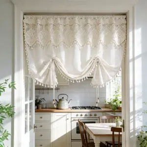 1 PC Boho Crochet Lace Tie Up Sheer Curtain Valance for Kitchen Windows Macrame Liftable Tulle Tier Curtain Adjustable 2 Layered Light Filtering Sheer Valance Rod Pocket