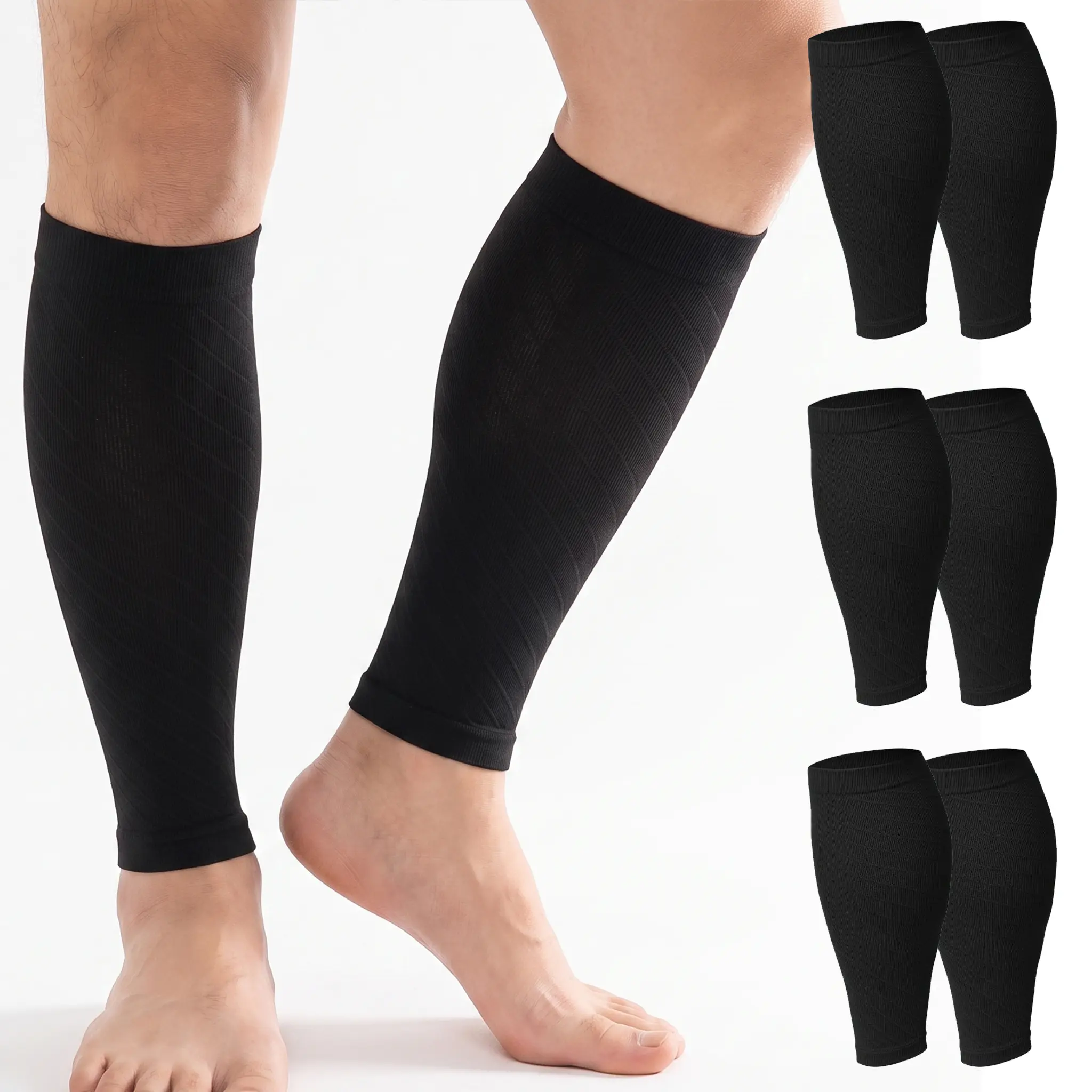 Men's & Women's 3-Pair Solid Calf Leg Compression Sleeves - Nylon-Elastane Blend, Breathable, Graduated Support for Shin Splints, Running, Hiking, Pull-On Design for Fast Recovery