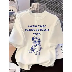 Spanish Quote Cat Graphic Tee Cute Cartoon Cat In Sunglasses Funny Sassy Statement T Shirt Women Oversized Soft Cotton Casual Crewneck Streetwear Summer Top