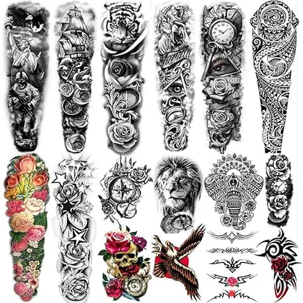 Extra Large Temporary Tattoos 8 Sheets Full Arm Fake Tattoos and 8 Sheets Half Arm Tattoo Stickers for Men and Women (22.83"X7.1")