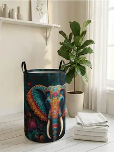 1 piece of 2D printed open storage box with colorful patterned elephant, double handle reinforcement + foldable storage | dirty laundry storage/toy organization/home decoration all-in-one