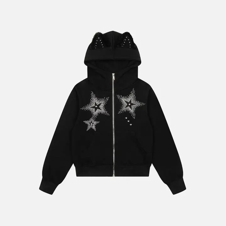 Aelfric Eden Rhinestone Star Cat Ear Zip Up Hoodie Sparkly Graphic Oversized Fit Y2K Streetwear Casual Hoodie Unisex