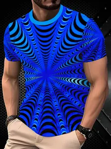 Men's Blue-Black Swirl Optical Illusion Short-Sleeve T-Shirt, Abstract Wave Pattern Visual Illusion Graphic Top Print, Streetwear Street Style Personalized Item, Y2K Functional Street Style Visual Hot Item, Regular Fit, Casual and Versatile