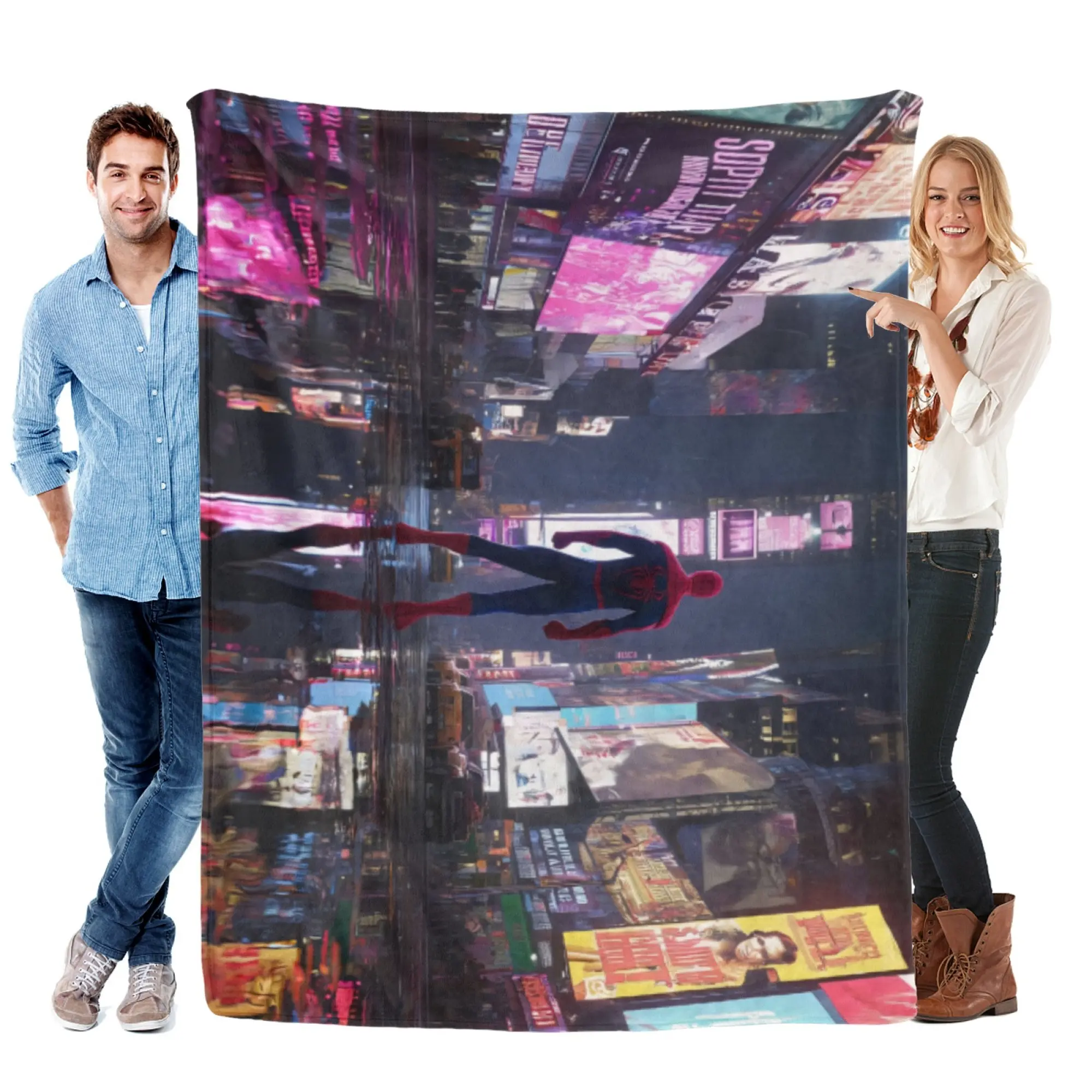 [SummerVibes] MARVEL Cinematic Spider-Man Neon City Reflection Flannel Blanket, Soft 2D Printed Throw for Gamer Room, Couch & Fans