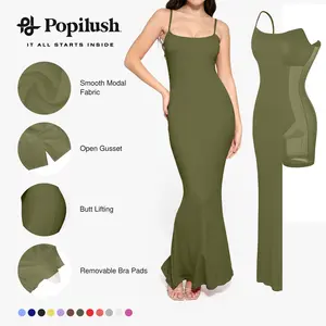 Popilush  Modal Built-in Shapewear Maxi Dress for Women - Sleeveless Spaghetti Strap Backless Slimming Dress for Cocktail Party Basic Minimalist Elegant Outfits
