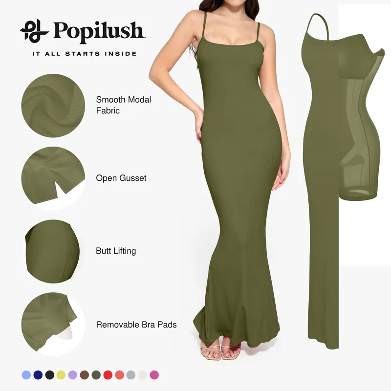 Popilush  Modal Built-in Shapewear Maxi Dress for Women - Sleeveless Spaghetti Strap Backless Slimming Dress for Cocktail Party Basic Minimalist Elegant Outfits