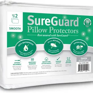 Set of 2 Queen Size SureGuard Pillow Protectors - 100% Waterproof, Bed Bug Proof, Hypoallergenic - Premium Zippered Cotton Covers - Smooth