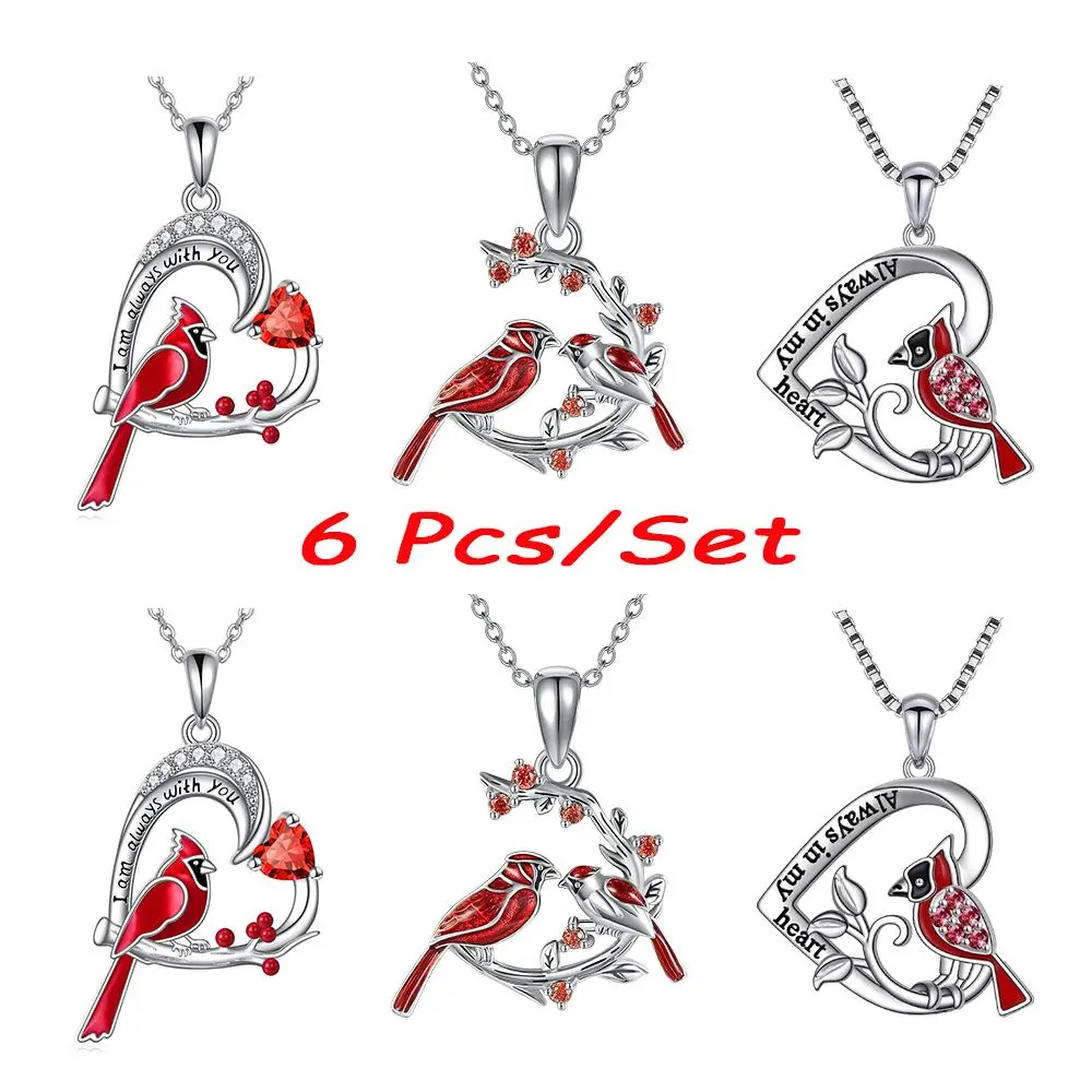 Elegant Bird Pendant Necklace Set, 6-Piece Metal Jewelry with Cardinal & Bishop, Anniversary Birthday Gift for Friends & Couples, Cardinal Bird, Christmas, Bird Lover